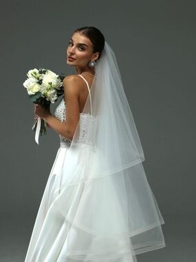 Two-Tier Wedding Veil with Blusher and 1-Inch Horsehair Trim